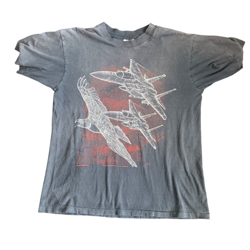Vintage Oneita Power-T XL Gray Graphic T-Shirt Eagle Fighter Jets